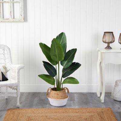 Image showing  4 ft. Artificial Traveler's Palm Tree in Boho Chic Handmade Cotton and Jute White Woven Planter