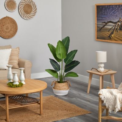 Image showing  4 ft. Artificial Traveler's Palm Tree in Boho Chic Handmade Cotton and Jute White Woven Planter