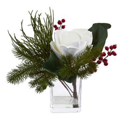 Nearly Natural 13 in. Artificial Magnolia and Berries Arrangement with Vase
