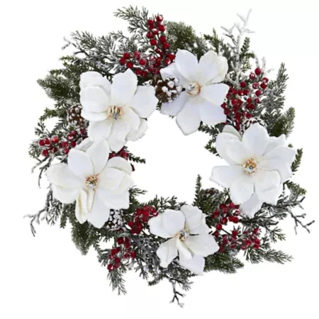 Nearly Natural 22" Artificial Magnolia and Snowy Berry Wreath Artificial Christmas Wreaths