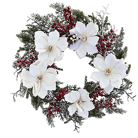 Nearly Natural 22 in. Snowed Magnolia and Berry Artificial Wreath