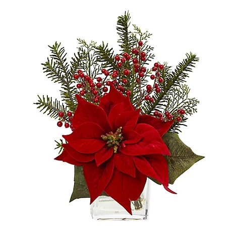 Nearly Natural 14 in. Faux Poinsettia, Pine and Berries Artificial Arrangement in Vase