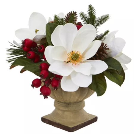 Nearly Natural 15 in Artificial Magnolia Pine and Berry Arrangement Artificial Plants & Flowers