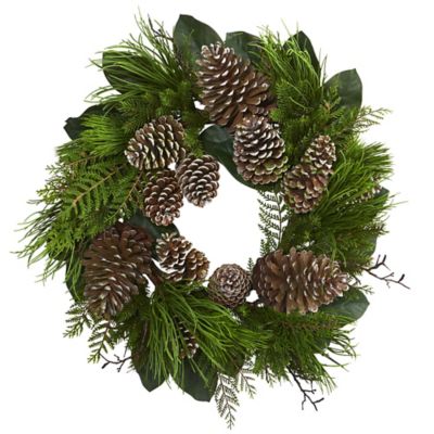 Nearly Natural 28 in. Pine Artificial Wreath with Pine Cones