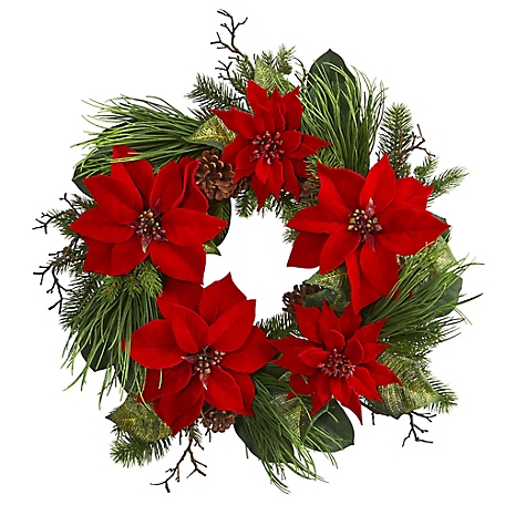 Nearly Natural 28 in. Poinsettia and Pine Wreath