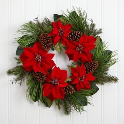 Image showing  28 in. Poinsettia and Pine Artificial Wreath
