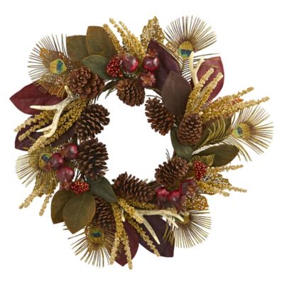Nearly Natural 27 in. Magnolia Leaf, Berry, Antler and Peacock Feather Artificial Wreath
