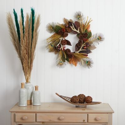 Image showing  27 in. Magnolia Leaf, Berry, Antler and Peacock Feather Artificial Wreath