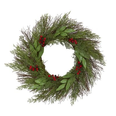 Nearly Natural 20 in. Cedar and Ruscus with Berries Artificial Wreath