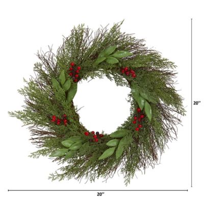 Image showing  20 in. Cedar and Ruscus Artificial Wreath with Berries