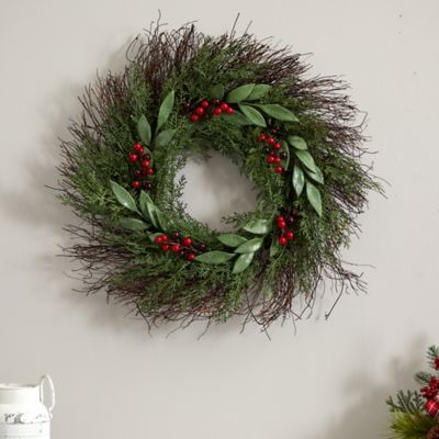 Image showing  20 in. Cedar and Ruscus Artificial Wreath with Berries