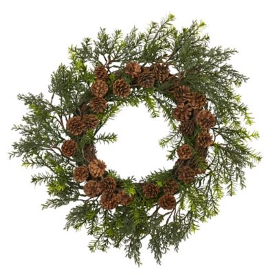 Nearly Natural 22 in. Indoor/Outdoor UV-Resistant Cedar, Grass and Pine Cone Artificial Wreath