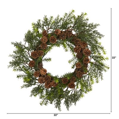 Image showing  22 in. Indoor/Outdoor UV-Resistant Cedar Artificial Wreath with Pine Cones