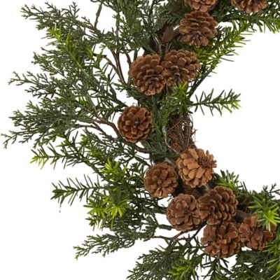 Image showing  22 in. Indoor/Outdoor UV-Resistant Cedar Artificial Wreath with Pine Cones