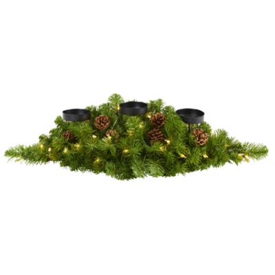 Nearly Natural 30 in. Christmas Artificial Pine Triple Candelabrum with Clear Lights and Pine Cones