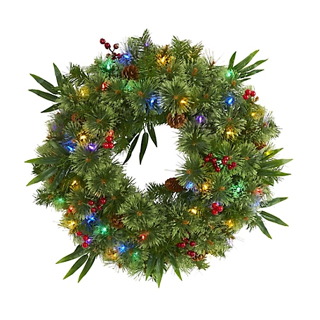 Nearly Natural 24 in. Mixed Pine Artificial Christmas Wreath with Multicolor LED Lights, Berries and Pine Cones