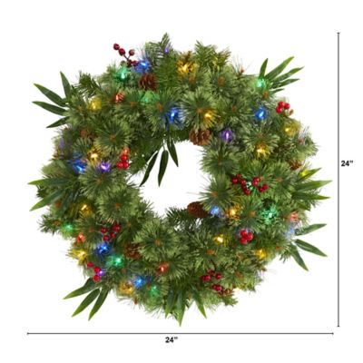 Image showing  24 in. Pre-Lit Mixed Pine Artificial Christmas Wreath with Multicolor LED Lights, Berries and Pine Cones
