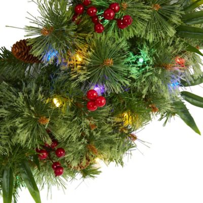 Image showing  24 in. Pre-Lit Mixed Pine Artificial Christmas Wreath with Multicolor LED Lights, Berries and Pine Cones