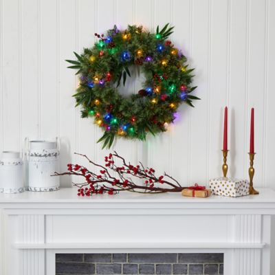 Image showing  24 in. Pre-Lit Mixed Pine Artificial Christmas Wreath with Multicolor LED Lights, Berries and Pine Cones