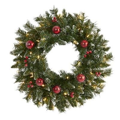 Nearly Natural 24 in. Frosted Artificial Christmas Wreath with Warm White LED Lights, Ornaments and Berries