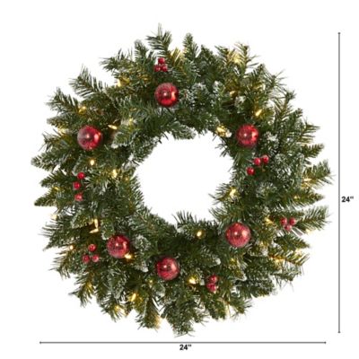 Image showing  24 in. Pre-Lit Frosted Artificial Christmas Wreath with Ornaments and Berries, Warm White LED Lights