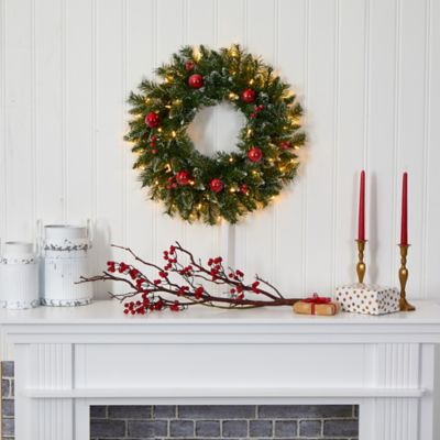 Image showing  24 in. Pre-Lit Frosted Artificial Christmas Wreath with Ornaments and Berries, Warm White LED Lights