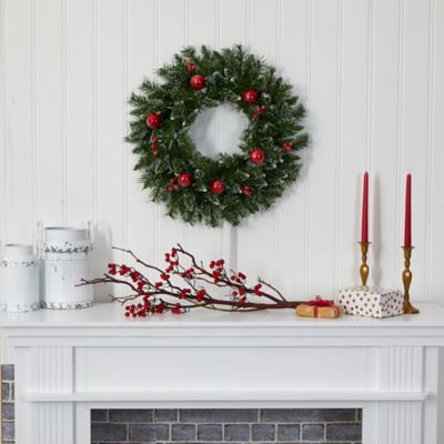 Image showing  24 in. Pre-Lit Frosted Artificial Christmas Wreath with Ornaments and Berries, Warm White LED Lights