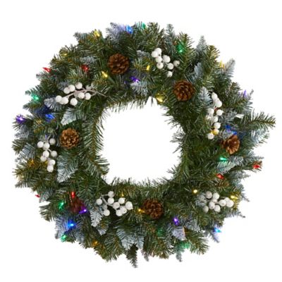 Nearly Natural 24 in. Snow-Tipped Artificial Christmas Wreath with Multicolor LED Lights, White Berries and Pine Cones