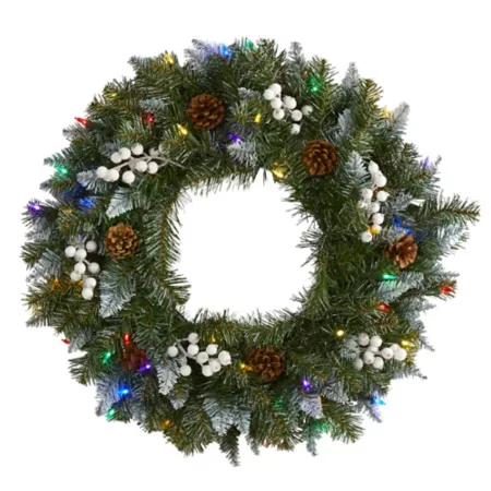 Nearly Natural 24" Snowy Tip Artificial Christmas Wreath with Multi-Color LED Lights White Berries and Pine Cones Artificial Christmas Wreaths