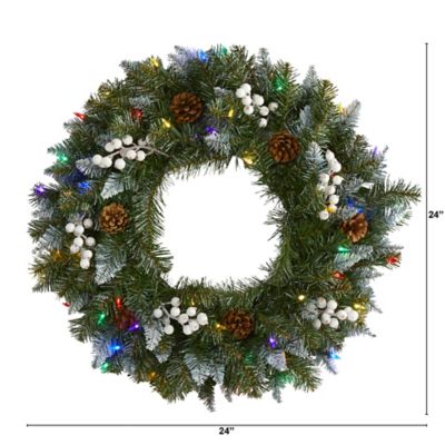 Image showing  24 in. Snow-Tipped Artificial Christmas Wreath with White Berries and Pine Cones, Multicolor LED Lights