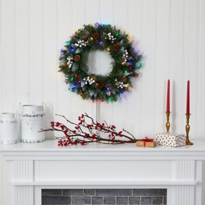 Image showing  24 in. Snow-Tipped Artificial Christmas Wreath with White Berries and Pine Cones, Multicolor LED Lights
