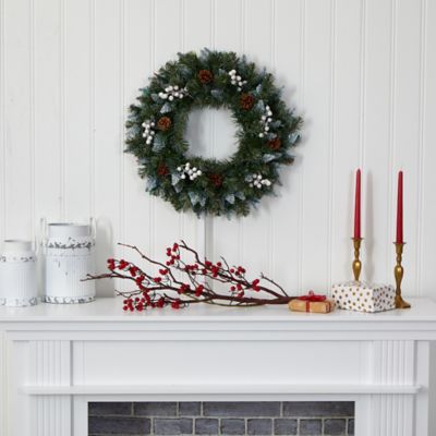 Image showing  24 in. Snow-Tipped Artificial Christmas Wreath with White Berries and Pine Cones, Multicolor LED Lights