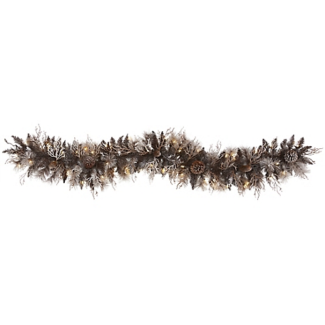 Nearly Natural 6 ft. Flocked Artificial Christmas Garland with White Warm LED Lights and Pine Cones
