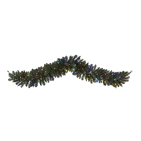 Nearly Natural 6 ft. Flocked Artificial Christmas Garland with Multicolor LED Lights and Berries
