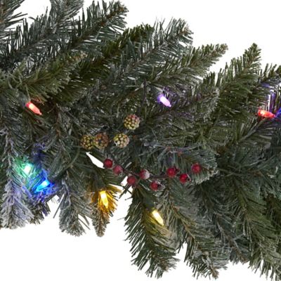 Image showing  6 ft. Flocked Artificial Christmas Garland with Multicolor LED Lights and Berries