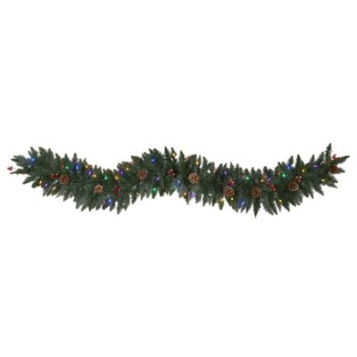 Nearly Natural 6 ft. Snow Dusted Artificial Christmas Garland with Multicolor LED Lights, Berries and Pine Cones