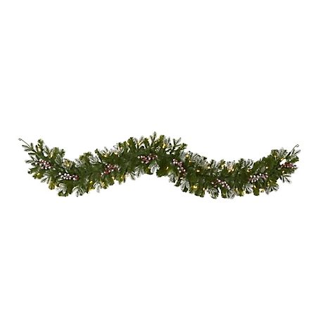 Nearly Natural 6 ft. Snow-Tipped Artificial Christmas Garland with Warm White LED Lights and Berries
