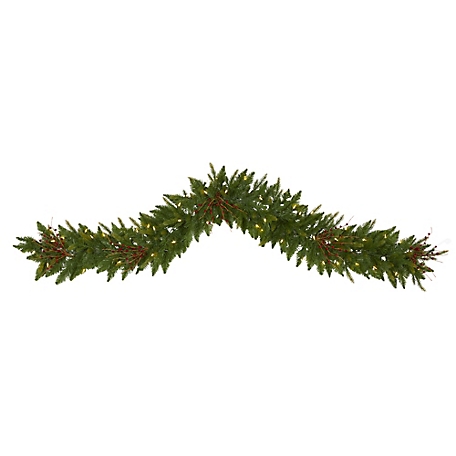 Nearly Natural 6 ft. Christmas Pine Artificial Garland with Warm White LED Lights and Berries