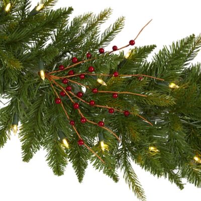 Image showing  6 ft. Christmas Pine Artificial Garland with Warm White LED Lights and Berries