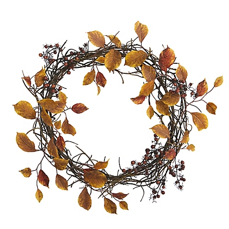 Nearly Natural 19 in. Harvest Leaf, Berries and Twig Artificial Wreath