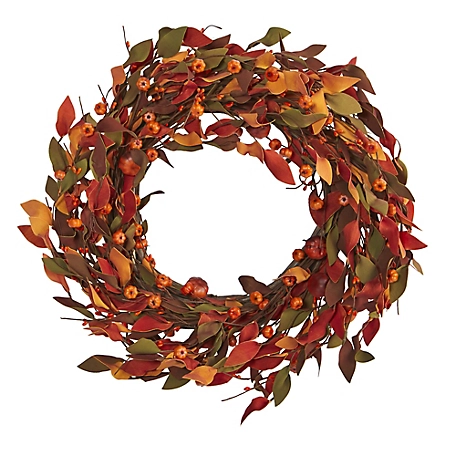 Nearly Natural 20 in. Harvest Leaf and Mini Pumpkin Artificial Wreath