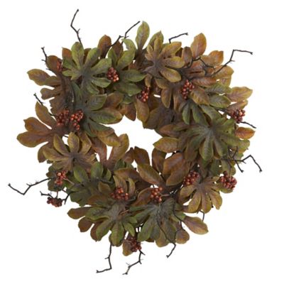 Nearly Natural 24 in. Artificial Fatsia with Berries Autumn Wreath