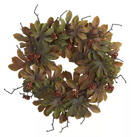 Nearly Natural 24" Artificial Fatsia Fall Wreath with Berries Artificial Plants & Flowers