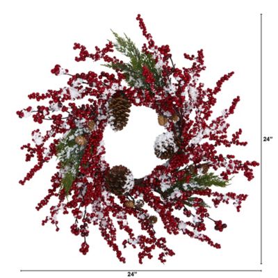 Image showing  24 in. Frosted Cypress Artificial Wreath with Berries and Pine Cones