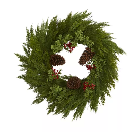 Nearly Natural 26" Artificial Cypress Wreath with Berries and Pine Cones Artificial Christmas Wreaths