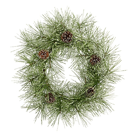 Nearly Natural 24 in. Iced Pine Artificial Wreath with Pine Cones