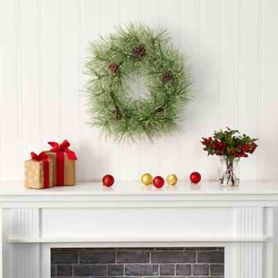 Image showing  24 in. Iced Pine Artificial Wreath with Pine Cones