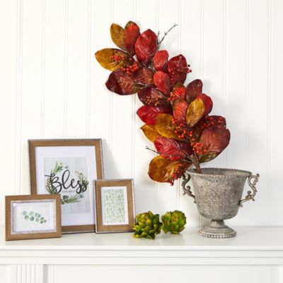 Image showing  36 in. Artificial Autumn Magnolia Leaf with Berries Teardrop Hanging Plant