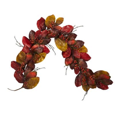 Nearly Natural 6 ft. Autumn Magnolia Leaf with Berries Artificial Garland