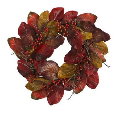 Nearly Natural 24 in. Harvest Magnolia Leaf and Berries Artificial Wreath